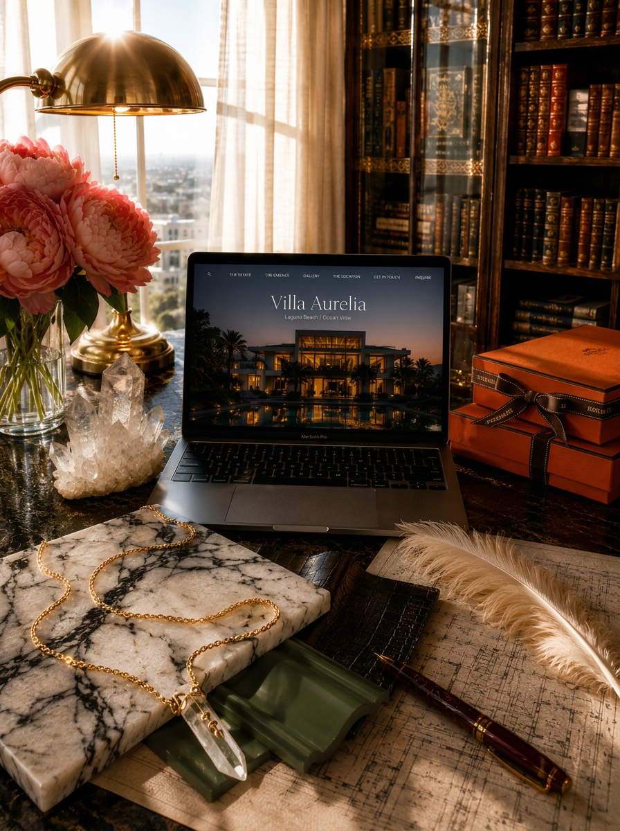 Sher Joniff's design studio — a luxury desk with the Villa Aurelia listing on a MacBook, Hermès boxes, crystal, and golden afternoon light