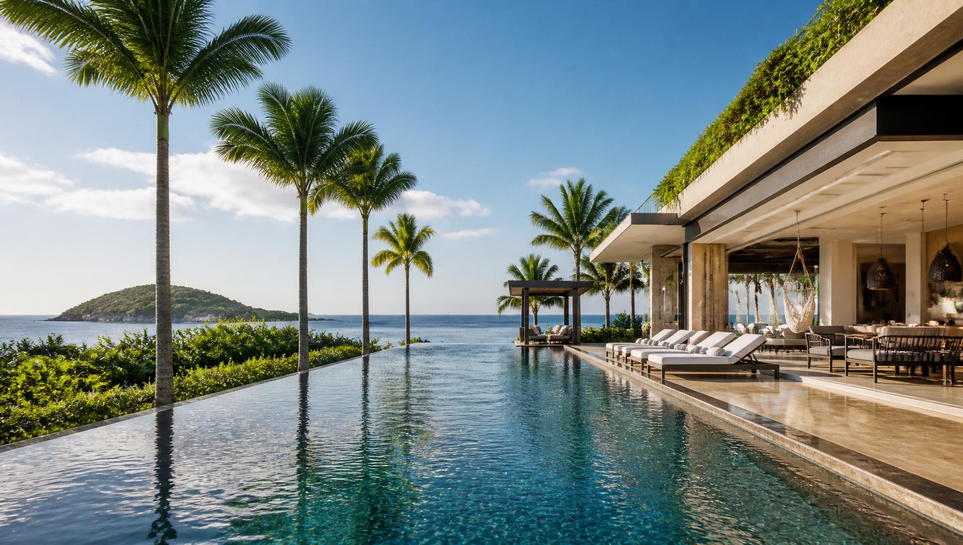 Tropical mansion with infinity pool at golden hour
